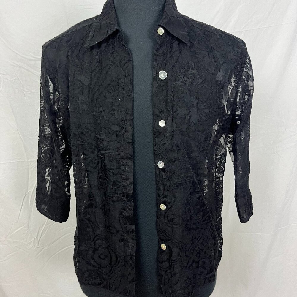 West End Sheer Lacey Pattern Black Button Up 3/4 Sleeve Size M